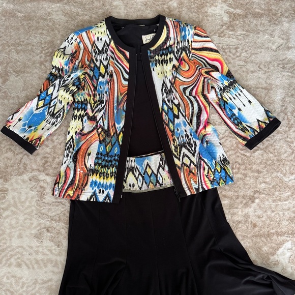 Rare Joseph Ribkoff Multicolour Jacket+Matching skirt shiny abstract Art to Wear - Picture 2 of 12